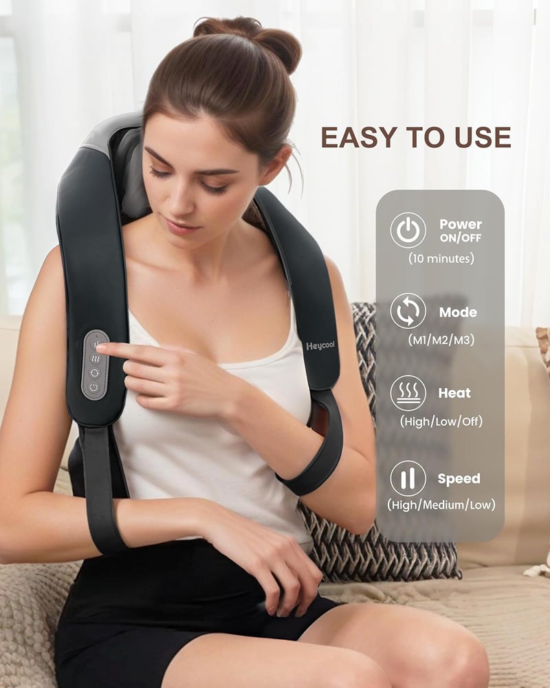 Heycool Cordless Neck Massager with Heat, Shiatsu Neck Shoulder Massager for Pain Relief Deep Tissue, 2 Heating Areas, 3 Modes Kneading Back Massager Presents/Gifts for Women, Men - Image 2